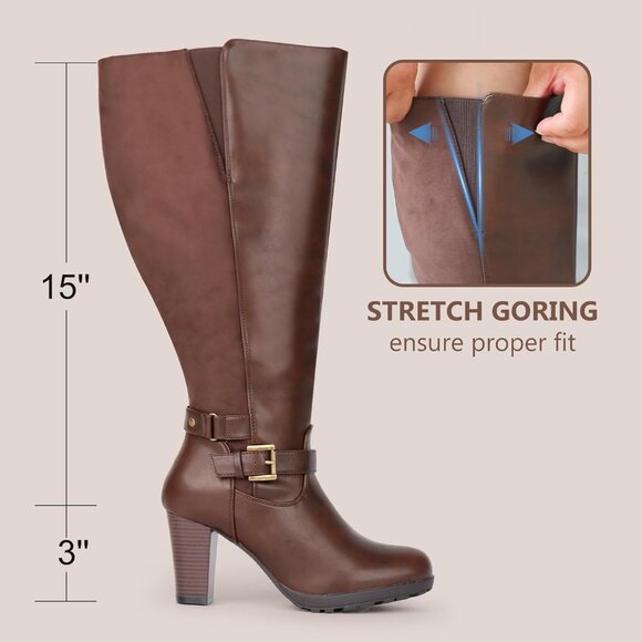 Women Brown Plus Size Extra Wide Calf High Heel Dress Boot With Ankle Buckle - Picture 2 of 5